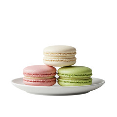 Three gourmet rose pink, vanilla, pistachio macarons stacked on white plate with iridescent pearls, transparent background, isolated, 45-degree angle, high-end culinary perfection
