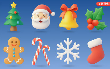 Christmas 3D Vector Icon Set: christmas tree,santa claus,bell,holly leaf,gingerbread,candy cane,snowflake,stocking