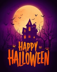 Spooky Halloween scene featuring a haunted house, bats, pumpkins, and a full moon, perfect for festive decorations and events.