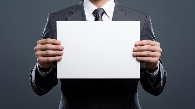 A businessman in a suit holding a blank sign, ready for custom text or branding, ideal for corporate use.