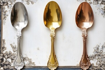 Elegant Ornate Spoons in Silver Gold Copper Colors Still Life
