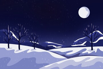 Naklejka premium Winter Landscape at Night with Falling Snow. Magical snowy winter landscape at night with glowing moon, mountains, bare trees, and falling snow.