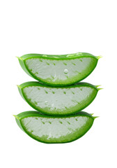 Three vibrant green aloe vera leaf slices, visible translucent pulp, water droplets, vertically stacked on transparent. Clean minimalist studio. Concept of natural health and purity