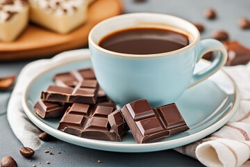 Delicious coffee served with rich chocolate squares, perfect for an indulgent treat or cozy afternoon.