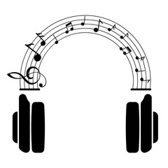 Headphones with Musical Notes Vector Illustration. A pair of headphones with a musical staff forming an arch above, decorated with various music notes and a treble clef.