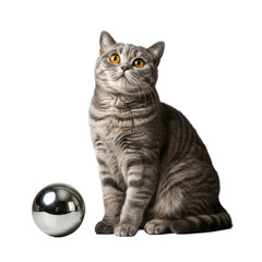 Elegant adult British Shorthair cat with grey tabby markings and amber eyes, perfectly groomed, seated gracefully next to a polished chrome sphere on a clean transparent high-key studio background,