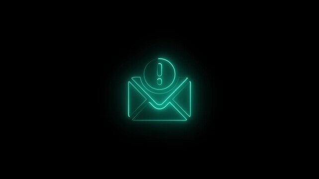 Glowing green envelope icon with exclamation mark on a black background, symbolizing email notification, alert, and message importance with a neon light effect