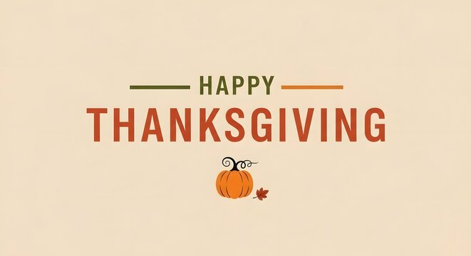 Happy thanksgiving text with a cute pumpkin and autumn leaf illustration on a beige background