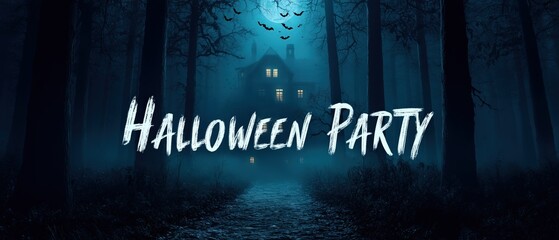 A spooky Halloween party scene with a haunted house, eerie bats, and a mysterious forest setting creating a thrilling atmosphere.