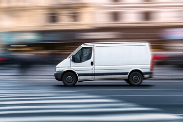 Cargo Van Speeding Through City Streets, Delivering Goods Efficiently in Daylight Urban Setting