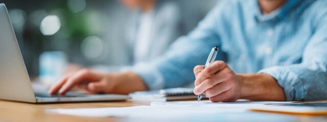 a businessman, a working professional, holds a pen to a document while sitting at a desk in an office. this is a business and financial concept banner with ample copy space on a blur background.