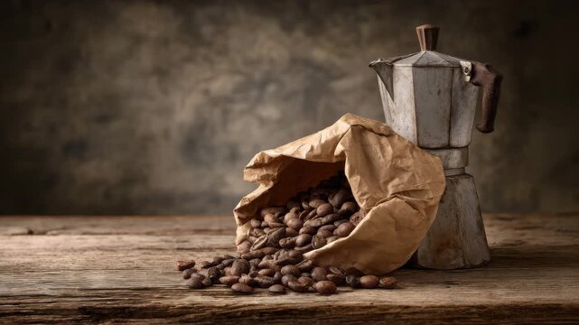 An old coffee maker stands beside a crumpled bag empty of coffee beans that have spilled onto a weathered wooden table. The warm, inviting atmosphere showcases a love for coffee