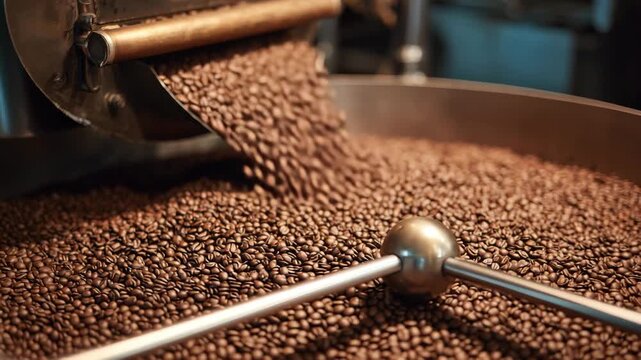 Roasted coffee beans cascade into a large container at a busy roasting facility, filling the air with a rich aroma. Workers prepare for the morning rush, ensuring quality