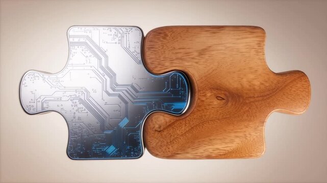 Two interlocking puzzle pieces&mdash;one made of natural wood with visible grain, and the other featuring a metallic surface with a circuit board design. The image symbolizes the contrast and connection bet