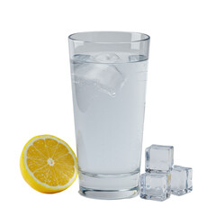 Pristine clear glass with blue water, yellow lemon slice, two translucent ice cubes on solid transparent studio background, 45-degree high-angle, pure refreshing concept.