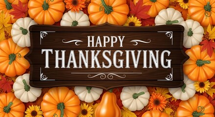 Happy thanksgiving wooden sign surrounded by pumpkins, gourds, and autumn leaves, celebrating the fall harvest season