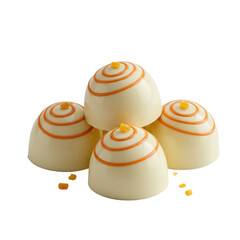 Five pristine artisanal white chocolate spheres with orange ganache swirl and candied peel, macro close-up on solid transparent background, bright soft studio light. Gourmet product concept
