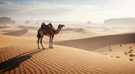 Lone Camel Standing Proudly on a Desert Dune Under a Bright Sky