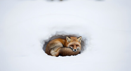 Red Fox Sleeping in Snow Den