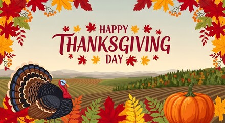 Happy thanksgiving day greeting with a turkey, pumpkin, and autumn landscape with colorful foliage and fields