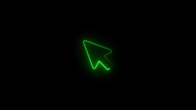 Animated green neon cursor icon isolated on black background, glowing pointer symbol, digital interface element, user interface, computer mouse, navigation, selection, click