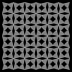 Black and white striped triangles weave into mesmerizing star-like forms, creating rhythmic illusions of depth, geometry, balance, and infinite interconnected motion.