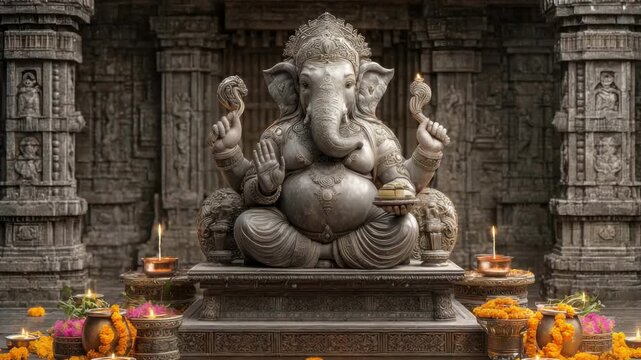 Lord Ganesha is seated on a pedestal adorned with flowers and Diyas, enhancing the vibrant Diwali atmosphere.