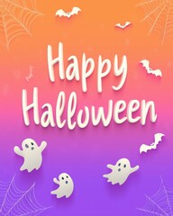A vibrant Halloween-themed design featuring playful ghosts and bats, perfect for party invitations and seasonal decorations.