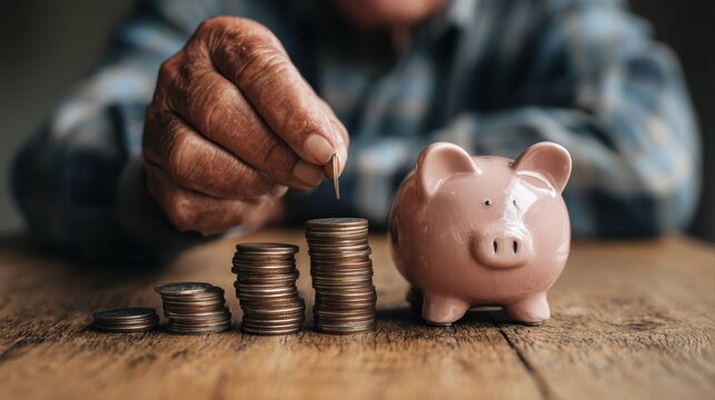 Saving money investment for future. old man hand putting money coins in a piggy bank.investment, money, annuity insurance, saving for retirement and pension fund concept.Individual retirement account.