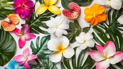 Vibrant Tropical Flowers and Lush Leaves Flat Lay