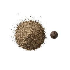 Photorealistic top-down of a textured mound of freshly ground black pepper and a whole peppercorn on a seamless transparent shadowless background, premium culinary ingredient concept