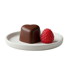 Perfectly centered heart-shaped dark chocolate truffle & glistening red raspberry on a minimalist white plate, clean studio, soft even lighting. Gourmet dessert concept