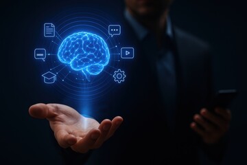 Businessman holding glowing holographic brain with education and communication icons
