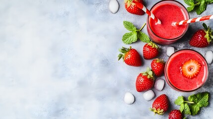 Refreshing Strawberry Smoothie Glasses with Ice and Mint