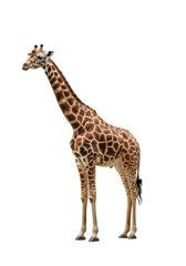Adult giraffe, full body, majestic and elegant, brown spotted coat, slender legs, isolated on pure transparent background with river stone, high-key studio light, concept of animal majesty and grace