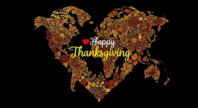 Happy thanksgiving text overlaid on a heartshaped world map made of autumn leaves and flowers on a black background