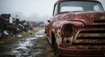 Rusty vintage truck abandoned in a junkyard on a foggy day