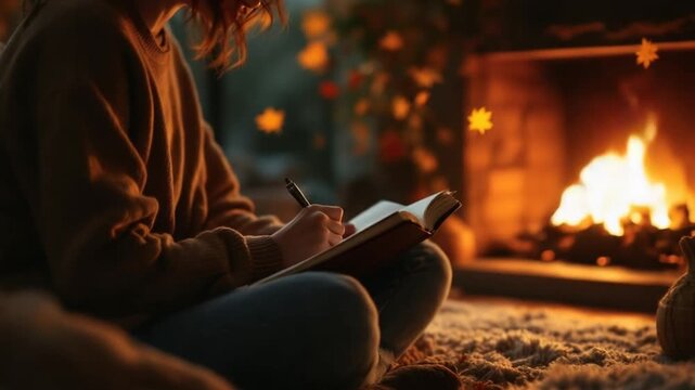 Cozy autumn evening: person writing in journal next to a crackling fireplace
