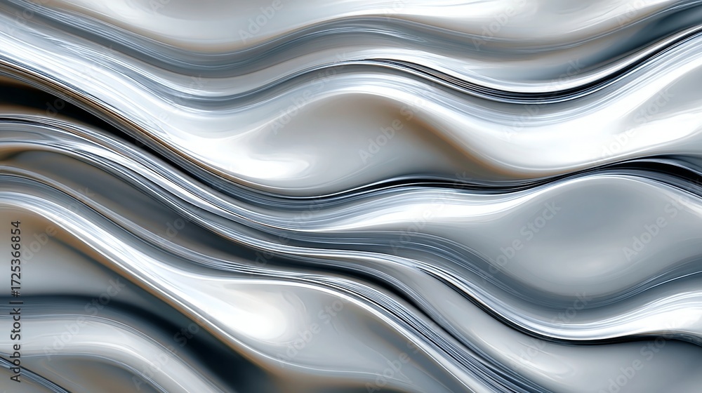 Poster undulating stream of molten silver background creating waves of reflective abstract sculpture design