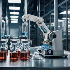 "Advanced pharmaceutical production line with robotic arms filling vials in a sterile laboratory environment, futuristic medical manufacturing concept.