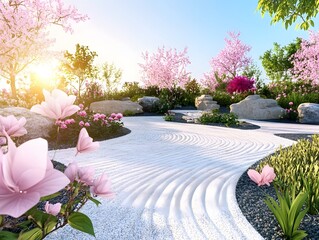Serene Zen Garden Landscape Design with Pink Blossoms and White Gravel Path