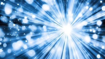 Abstract Blue Light Burst Background with Glowing Particles and Rays