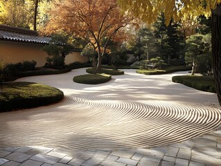 Serene Autumn Zen Garden Landscape Design with Sand Ripples and Lush Greenery