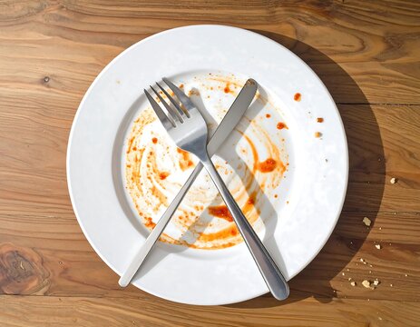 Dirty plate fork knife leftover sauce wooden table