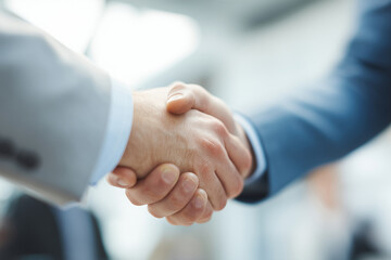 Close-up of two professionals shaking hands in a modern office environment, symbolizing agreement, partnership and trust, with a softly blurred business background and natural light.