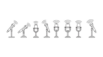 Retro dynamic microphones displayed in a line with sound waves flowing outward vector