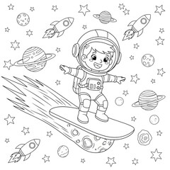 Astronaut surfing coloring page. Fun cartoon space illustration. Friendly cosmonaut riding a rocket-powered meteorite surfboard with planets and rockets. Fun coloring sheet for children.