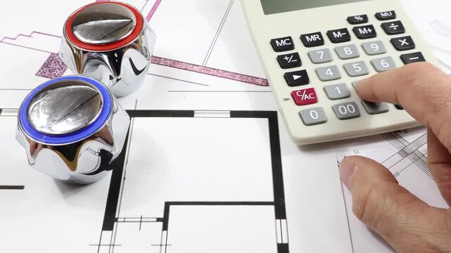 Project study with plumbing materials and close-ups of faucets. Calculator used. Apartment building drawings in the background.