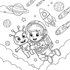 Cute astronaut and alien coloring page. Fun cartoon cosmic illustration. Friendly cosmonaut hugging a happy alien in outer space with rockets and comets. Fun coloring sheet for children.