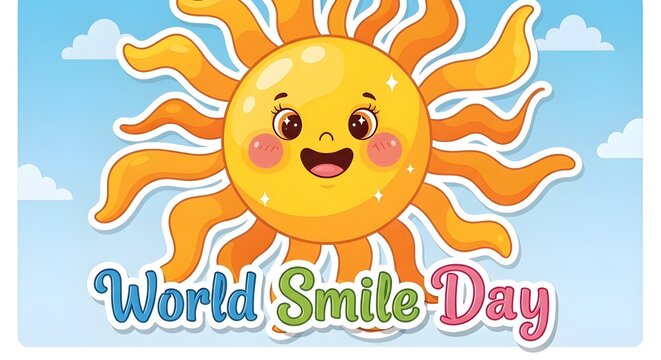 Happy cartoon sun character celebrating world smile day with clouds and blue sky